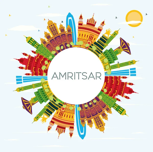 Amritsar India City Skyline Color Buildings Blue Sky Copy Space — 스톡 벡터