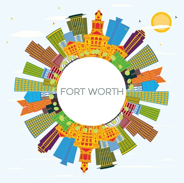 Fort Worth Texas City Skyline Med Color Buildings Blue Sky — Stock vektor