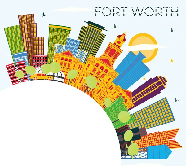 Fort Worth Texas City Skyline Med Color Buildings Blue Sky — Stock vektor