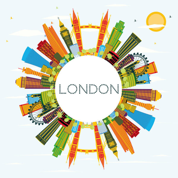 London England City Skyline with Color Buildings, Blue Sky and Copy Space. Vector Illustration. Business Travel and Tourism Concept with Modern Architecture. London Cityscape with Landmarks.