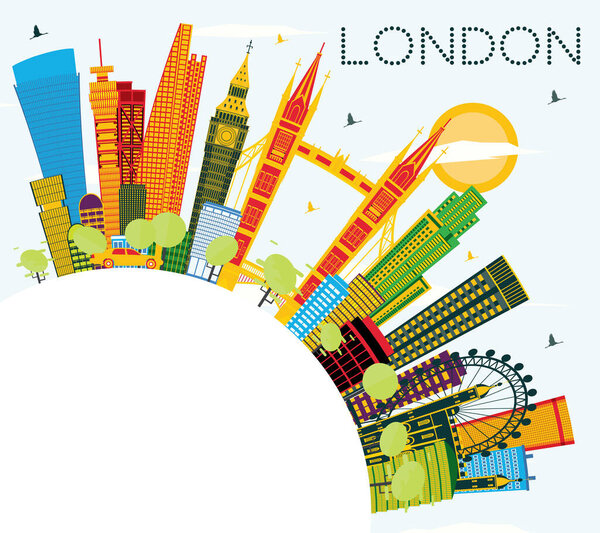 London England City Skyline with Color Buildings, Blue Sky and Copy Space. Vector Illustration. Business Travel and Tourism Concept with Modern Architecture. London Cityscape with Landmarks.