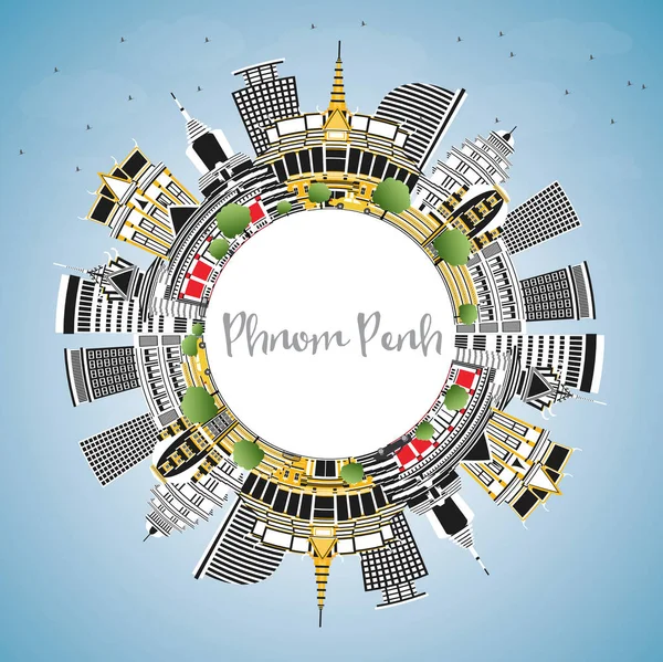 Phnom Penh Camboya City Skyline Con Edificios Color Cielo Azul — Vector de stock