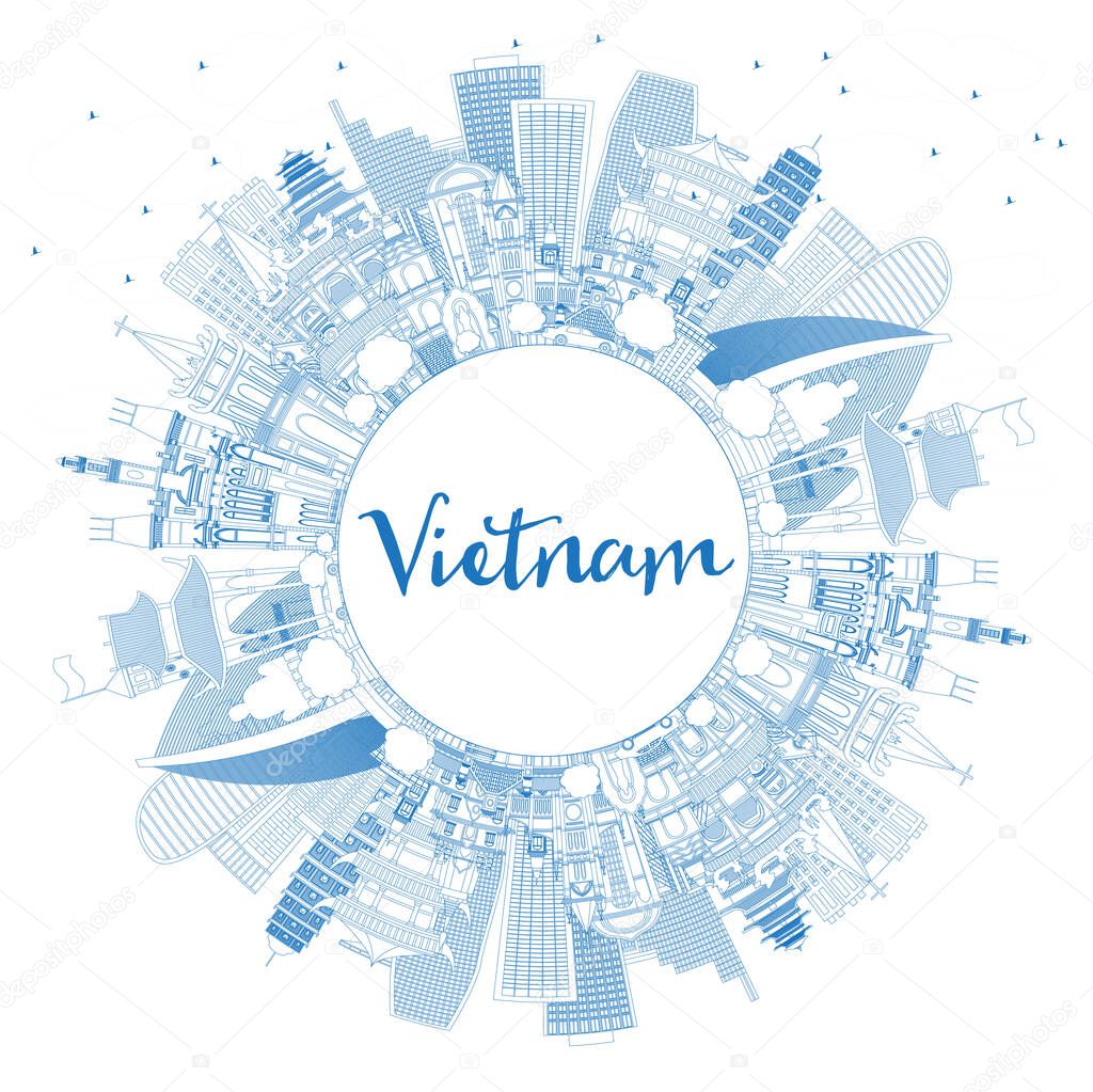 Outline Vietnam City Skyline with Blue Buildings and Copy Space. Vector Illustration. Concept with Historic Architecture. Vietnam Cityscape with Landmarks. Hanoi. Ho Chi Minh. Haiphong. Da Nang.