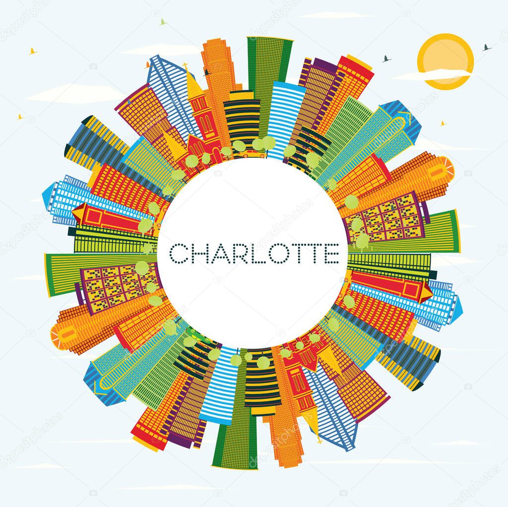 Charlotte North Carolina City Skyline with Color Buildings, Blue Sky and Copy Space. Vector Illustration. Business Travel and Tourism Concept with Modern Architecture. Charlotte Cityscape with Landmarks.