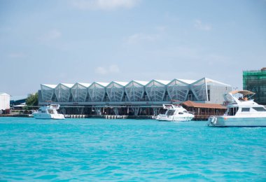 Male. Maldives - February 6, 2020: Male Velana International Airport Pier, Maldives. Turquoise Water Sea.