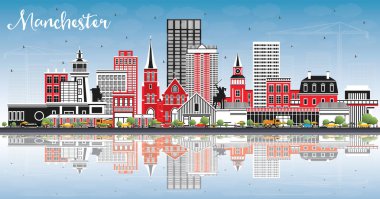 Manchester New Hampshire City Skyline ile Gray Buildings, Blue Sky ve Reflections. Vektör İllüstrasyonu. Tarihi ve Modern Mimariyle İş Seyahat ve Turizm Konsepti. Manchester ABD Kent Simgeleriyle.