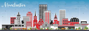 Manchester New Hampshire City Skyline ile Gray Buildings ve Blue Sky. Vektör İllüstrasyonu. Tarihi ve Modern Mimariyle İş Seyahat ve Turizm Konsepti. Manchester ABD Kent Simgeleriyle.