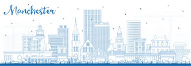 Manchester New Hampshire City Skyline ve Blue Buildings 'in ana hatları. Vektör İllüstrasyonu. Tarihi ve Modern Mimariyle İş Seyahat ve Turizm Konsepti. Manchester ABD Kent Simgeleriyle.