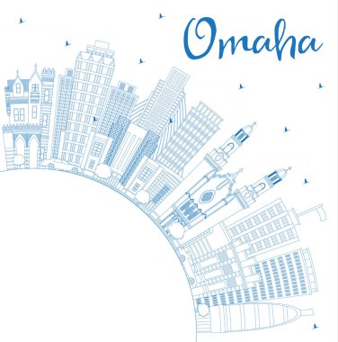 Mavi Binalar ve Copy Space ile Anahat Omaha Nebraska Şehir Skyline. Vektör İllüstrasyon. Tarihi Mimari ile İş Seyahati ve Turizm Konsepti. Omaha Usa Cityscape Simgesel Yapılar la.