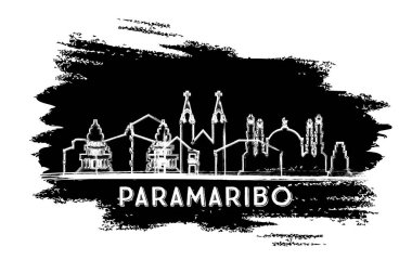 Paramaribo Suriname City Skyline silueti. El çizimi çizimi. Tarihi Mimariyle İş Seyahati ve Turizm Konsepti. Vektör İllüstrasyonu. Paramaribo Şehir Manzarası.