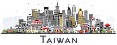 Tayvan Şehri Skyline 'ı. Gri Binalar Beyaz' da izole edilmiş. Vektör İllüstrasyonu. Tarihi Mimariyle Turizm Konsepti. Tarihi işaretli Tayvan şehri manzarası. Taipei 'de. Kaohsiung. Taichung. Tainan..