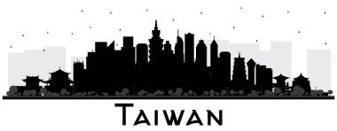 Tayvan Şehri Skyline silueti. Siyah binalar beyaz üzerine izole edilmiş. Vektör İllüstrasyonu. Tarihi Mimariyle Turizm Konsepti. Tarihi işaretli Tayvan şehri manzarası. Taipei 'de. Kaohsiung. Taichung. Tainan..