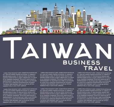 Gri Binalı Tayvan Şehri Skyline, Mavi Gökyüzü ve Kopya Uzayı. Vektör İllüstrasyonu. Tarihi Mimariyle Turizm Konsepti. Tarihi işaretli Tayvan şehri manzarası. Taipei 'de. Kaohsiung. Taichung. Tainan..