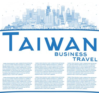 Blue Buildings ve Copy Space ile Tayvan City Skyline 'ın ana hatlarını çiz. Vektör İllüstrasyonu. Tarihi Mimariyle Turizm Konsepti. Tarihi işaretli Tayvan şehri manzarası. Taipei 'de. Kaohsiung. Taichung. Tainan..