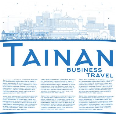 Tainan City Skyline 'ın ana hatlarıyla Blue Buildings ve Copy Space. Vektör İllüstrasyonu. Tarihi Mimariyle İş Seyahati ve Turizm Konsepti. Tarihi Simgeli Tainan Şehri.
