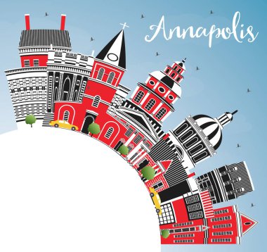 Renkli Binalar, Mavi Gökyüzü ve Kopya Uzayı ile Annapolis Maryland City Skyline. Vektör İllüstrasyonu. Tarihi Mimariyle İş Seyahati ve Turizm Konsepti. Annapolis ABD Şehir Manzarası.