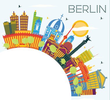 Berlin Almanya Renkli Binalar, Mavi Gökyüzü ve Kopya Uzayı ile Skyline Şehri. Vektör İllüstrasyonu. Tarihi Mimariyle İş Seyahati ve Turizm Konsepti. Tarihi Simgelerle Berlin Şehri.