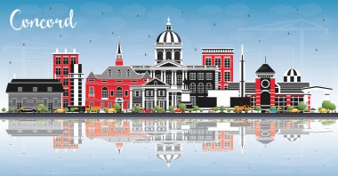 Gri Binalar, Mavi Gökyüzü ve Yansımalar ile New Hampshire City 'nin silueti. Vektör İllüstrasyonu. Tarihi ve Modern Mimariyle İş Seyahat ve Turizm Konsepti. Tarihi Simgelerle Uyum Kenti.