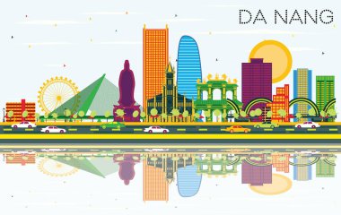 Da Nang Vietnam şehir manzarası ile renk binalar, mavi gökyüzü ve yansımaları. Vektör çizim. İş seyahat ve Turizm kavramı Modern mimariye sahip. Da Nang Cityscape yerler ile.