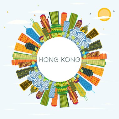 Renkli binaları, mavi gökyüzü ve kopyalama uzayı olan Hong Kong Çin Şehri Skyline 'ı. Vektör İllüstrasyonu. Modern Mimariyle İş Seyahatleri ve Turizm Konsepti. Tarihi Simgeli Hong Kong Şehri.