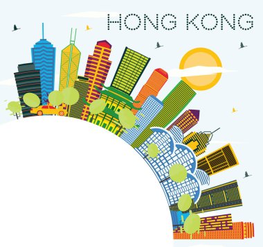 Renkli binaları, mavi gökyüzü ve kopyalama uzayı olan Hong Kong Çin Şehri Skyline 'ı. Vektör İllüstrasyonu. Modern Mimariyle İş Seyahatleri ve Turizm Konsepti. Tarihi Simgeli Hong Kong Şehri.