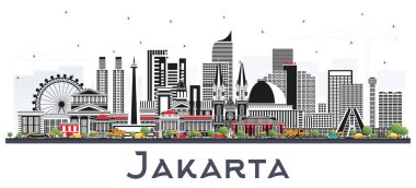 Cakarta Endonezya Şehri Skyline 'ı. Gri Binalar Beyaz' da izole edilmiş. Vektör İllüstrasyonu. Tarihi ve Modern Mimariyle İş Seyahat ve Turizm Konsepti. Tarihi yerleri olan Jakarta Şehir Manzarası.