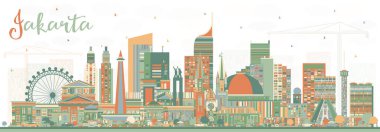 Color Buildings ile Cakarta Endonezya City Skyline. Vektör İllüstrasyonu. Tarihi ve Modern Mimariyle İş Seyahat ve Turizm Konsepti. Tarihi yerleri olan Jakarta Şehir Manzarası.