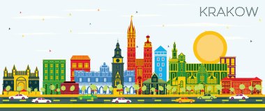Krakow Polonya şehir manzarası renkli binalar ve mavi gökyüzü. Vektör çizim. İş seyahat ve Turizm kavramı tarihi mimarisi ile. Krakow Cityscape yerler ile.