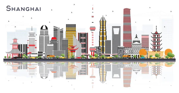 Shanghai China City Skyline Con Edificios Color Reflexiones Aisladas Blanco — Vector de stock