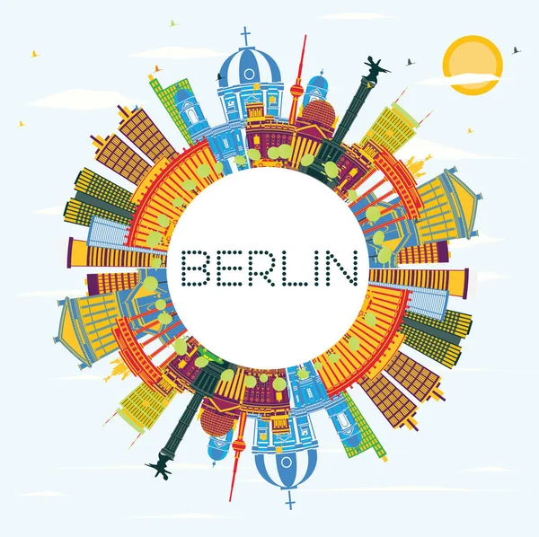 Berlin Almanya Renkli Binalar, Mavi Gökyüzü ve Kopya Uzayı ile Skyline Şehri. Vektör İllüstrasyonu. Tarihi Mimariyle İş Seyahati ve Turizm Konsepti. Tarihi Simgelerle Berlin Şehri.