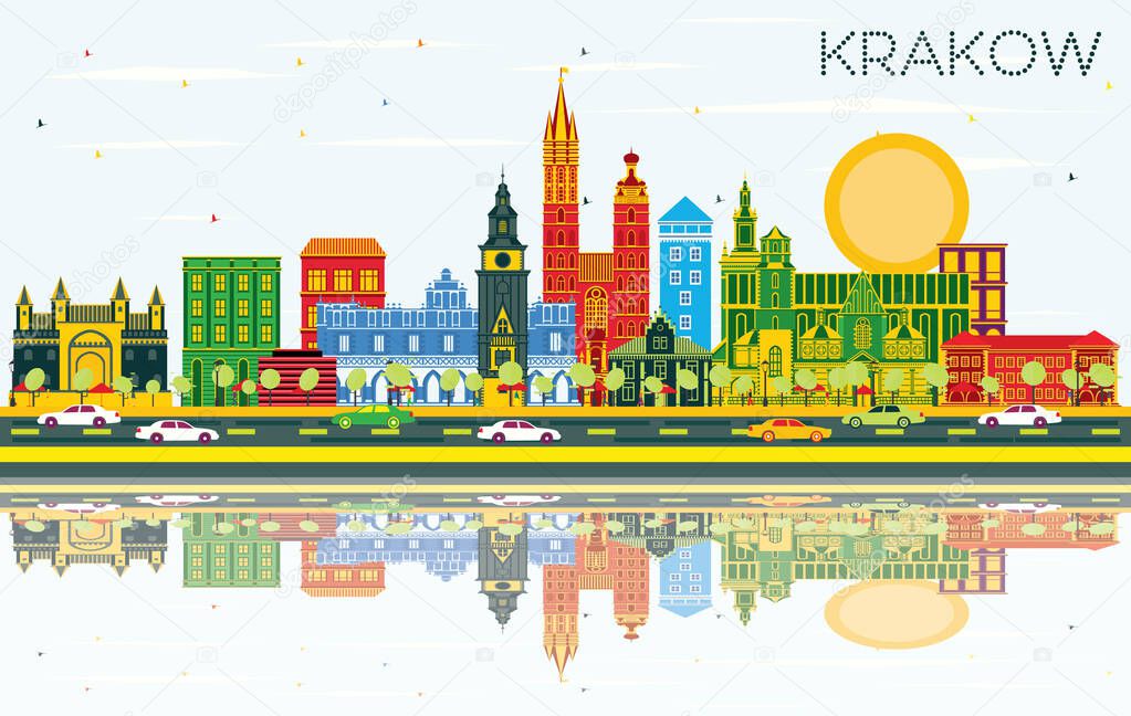 Krakow Poland City Skyline with Color Buildings, Blue Sky and Reflections. Vector Illustration. Business Travel and Tourism Concept with Historic Architecture. Krakow Cityscape with Landmarks.
