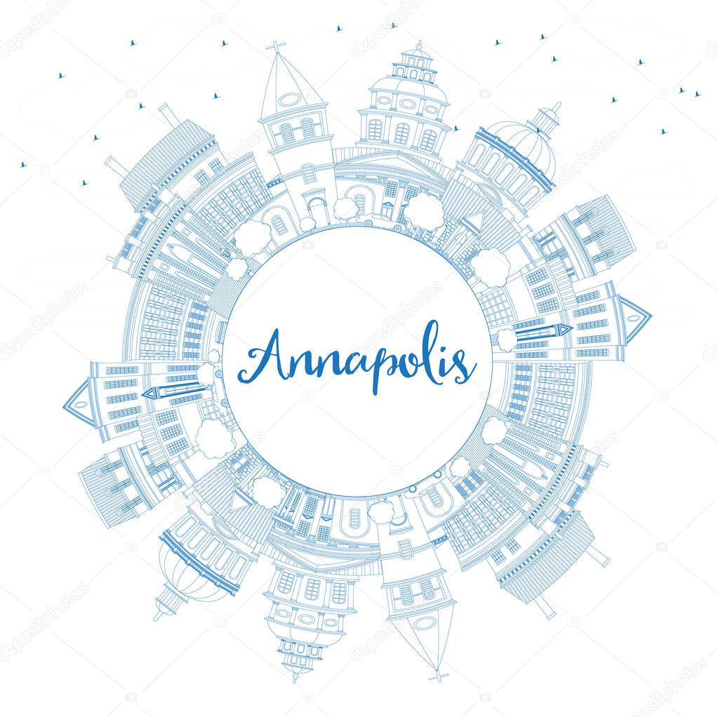 Outline Annapolis Maryland City Skyline with Blue Buildings and Copy Space. Vector Illustration. Business Travel and Tourism Concept with Historic Architecture. Annapolis USA Cityscape with Landmarks.