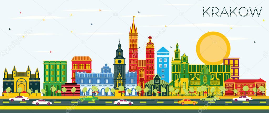 Krakow Poland City Skyline with Color Buildings and Blue Sky. Vector Illustration. Business Travel and Tourism Concept with Historic Architecture. Krakow Cityscape with Landmarks.