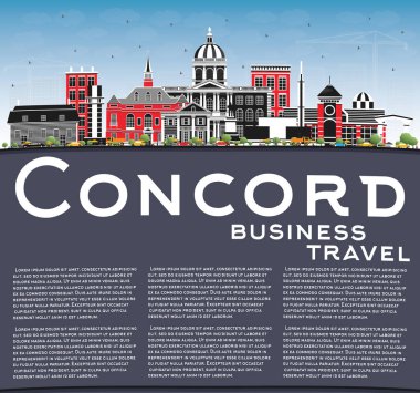 Gray Buildings, Blue Sky ve Copy Space ile Concord New Hampshire City Skyline. Vektör İllüstrasyonu. Tarihi ve Modern Mimariyle İş Seyahat ve Turizm Konsepti. Landmark ile Concord USA City