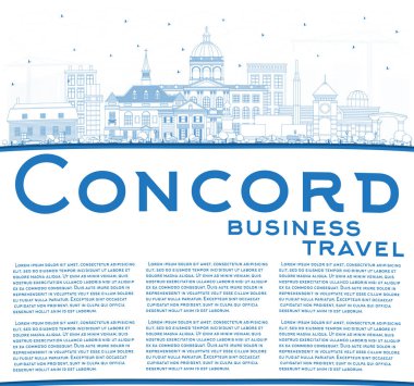 Concord New Hampshire City Skyline 'ı Blue Buildings ve Copy Space ile özetleyin. Vektör İllüstrasyonu. Tarihi ve Modern Mimariyle İş Seyahat ve Turizm Konsepti. Tarihi Simgelerle Uyum Kenti.