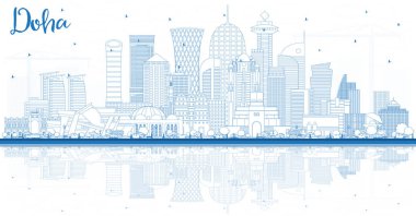 Blue Buildings and Reflections ile Doha Katar City Skyline 'ın ana hatlarını çiz. Vektör İllüstrasyonu. Modern Mimariyle İş Seyahati ve Kavram. Tarihi Simgeli Doha Şehir Manzarası.