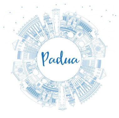 Blue Buildings ve Copy Space ile Padua Italy City Skyline 'ın ana hatlarını çiz. Vektör İllüstrasyonu. Tarihi Mimariyle İş Seyahati ve Kavram. Simgeli Padua Şehir Manzarası.
