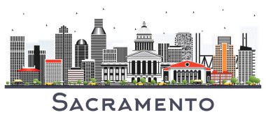 Sacramento California City Skyline 'da, Gri Binalar Beyaz' da izole edilmiş. Vektör İllüstrasyonu. Modern Mimariyle İş Seyahatleri ve Turizm Konsepti. Sacramento Tarihi Simgelerle ABD Şehri.