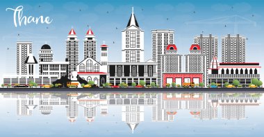 Gri Binaları, Mavi Gökyüzü ve Yansımaları olan Thane India City Skyline. Vektör İllüstrasyonu. Tarihi ve Modern Mimariyle İş Seyahat ve Turizm Konsepti. Simgeli Thane Şehir Alanı.