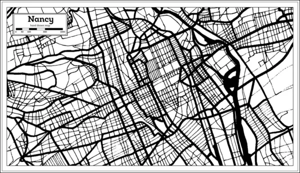 ナンシー フランス都市地図レトロスタイルで黒と白の色で 概要図 ベクターイラスト — ストックベクタ
