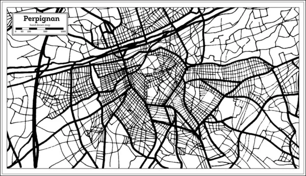 黒と白のレトロなスタイルでペルピニャンフランスシティマップ 概要図 ベクターイラスト — ストックベクタ