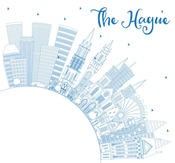 Schets Hague Netherlands City Skyline Met Blue Buildings Copy Space — Stockvector