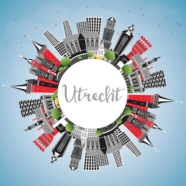Utrecht Netherlands City Skyline Met Color Buildings Blue Sky Copy — Stockvector