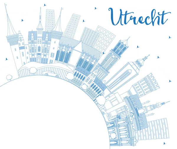 概要青い建物とコピースペースを持つユトレヒトオランダシティスカイライン 歴史的建築物とビジネス旅行や観光の概念 ランドマークとユトレヒトの街の風景 — ストックベクタ