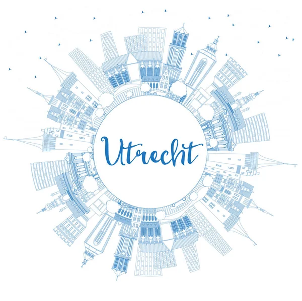 乌得勒支荷兰城市天际线与蓝色建筑和复制空间轮廓 具有历史建筑的商务旅行和旅游概念 具有地标的乌得勒支城市景观 — 图库矢量图片