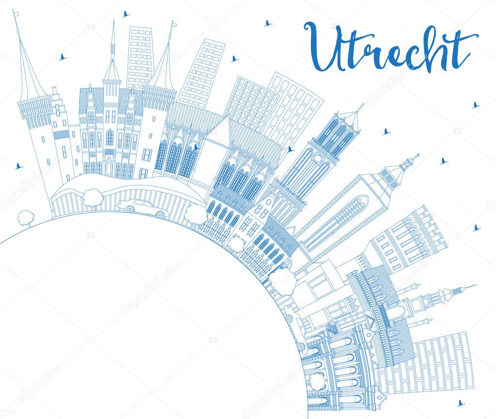 Outline Utrecht Netherlands City Skyline with Blue Buildings and Copy Space. Business Travel and Tourism Concept with Historic Architecture. Utrecht Cityscape with Landmarks.