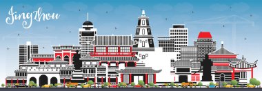 Jingzhou China City Skyline Renkli Binalar ve Mavi Gökyüzü. Vektör İllüstrasyonu. Tarihi ve Modern Mimariyle İş Seyahat ve Turizm Konsepti. Simgeli Jingzhou Şehir Manzarası.