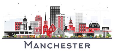 Manchester New Hampshire City Skyline 'da, Gri Binalar da White' da izole edilmiş. Vektör İllüstrasyonu. Tarihi ve Modern Mimariyle İş Seyahat ve Turizm Konsepti. Manchester ABD Şehir Manzarası.