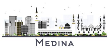 Medine Suudi Arabistan Şehri Skyline ve gri binalar beyaza izole edilmiş. Vektör İllüstrasyonu. Modern ve Tarihi Mimariyle İş Seyahatleri ve Turizm Konsepti. Tarihi Simgelerle Medine Şehri.