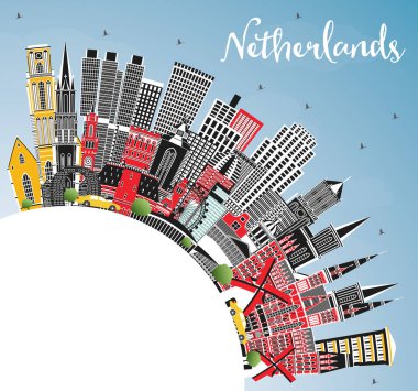 Hollanda Skyline ile Gray Buildings, Blue Sky ve Copy Space. Vektör İllüstrasyonu. Tarihi Mimariyle Turizm Konsepti. Şehir simgeleriyle dolu. Amsterdam mı? Rotterdam. Lahey 'de. Utrecht.